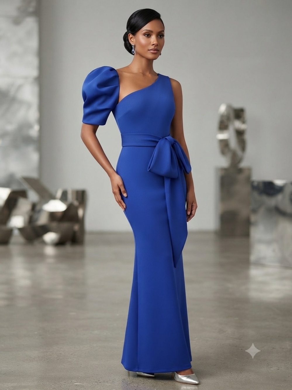 Va Va Voom One-Shoulder Cobalt Blue Gown with Puff Sleeve